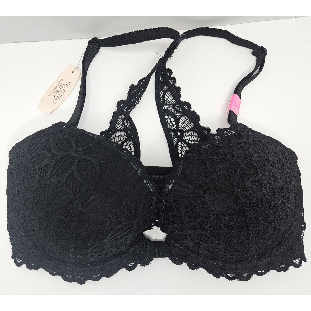 Pink By Victorias Secret Lace Push-Up Size 32DD Black Front Clasp NWT